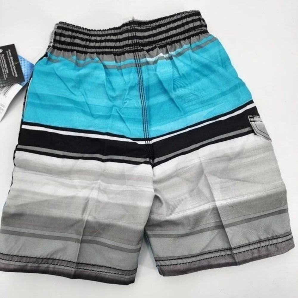 Kanu Surf Boys Avalon Striped Board Shorts Swim Black Aqua Blue Size Small 4 NWT